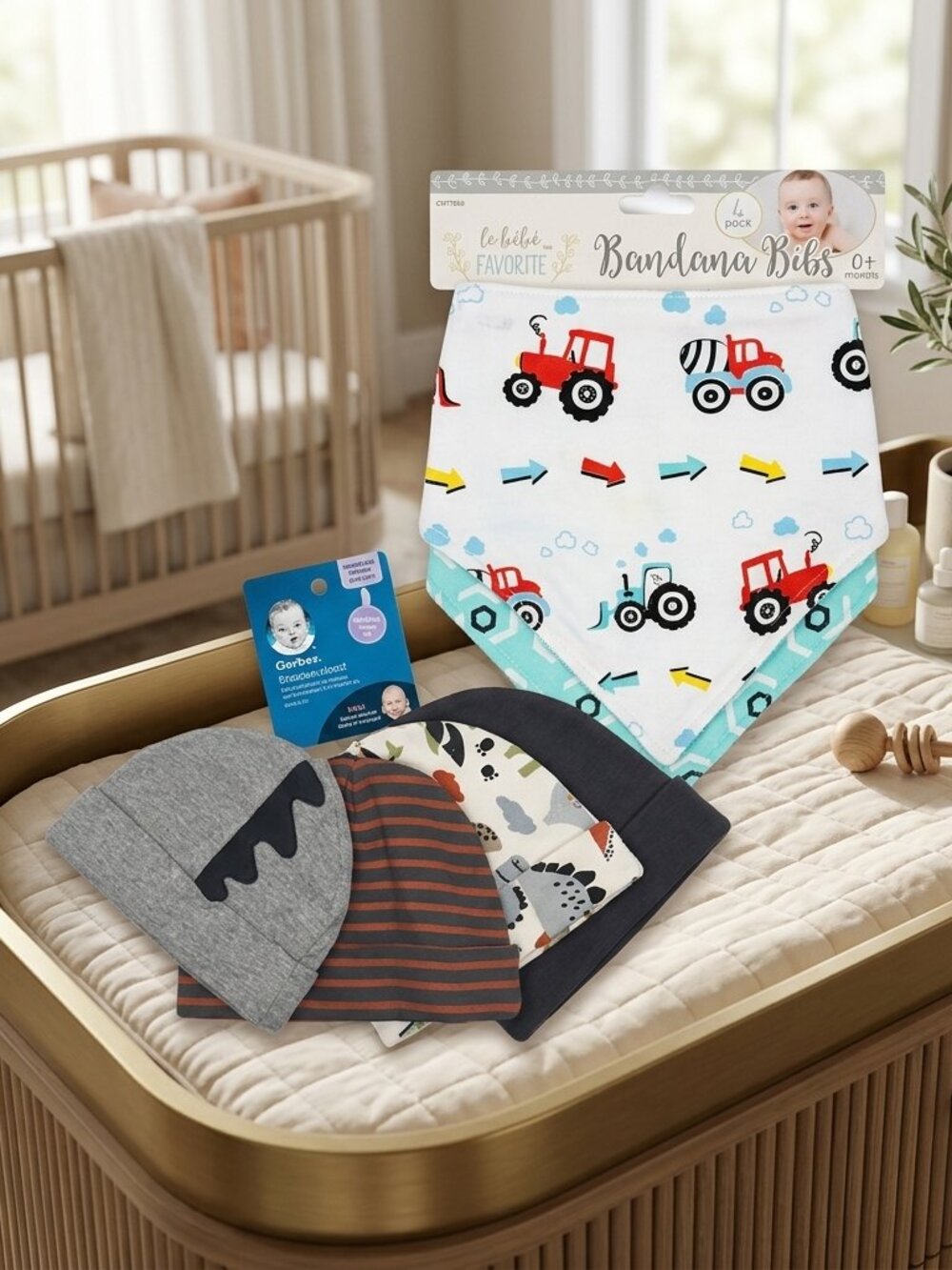NWT Le Bebe Tractor and Geometric Bandana Bibs and Gerber Beanie Hat Set